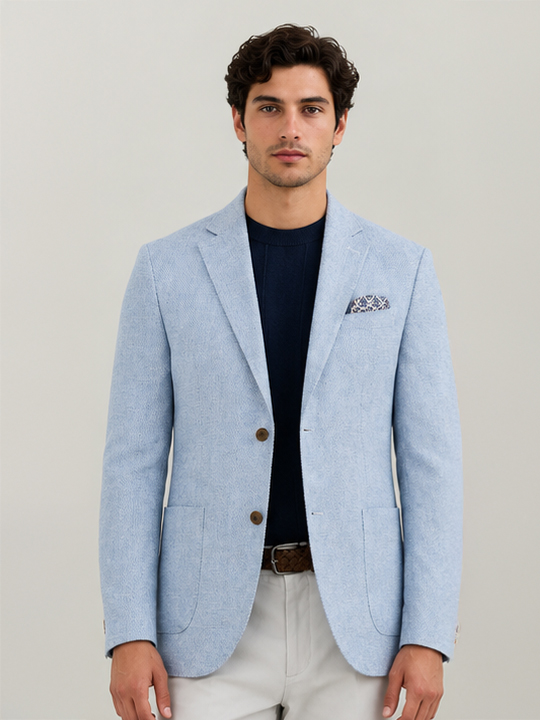 Blue Slim Fit Textured Linen Blazer