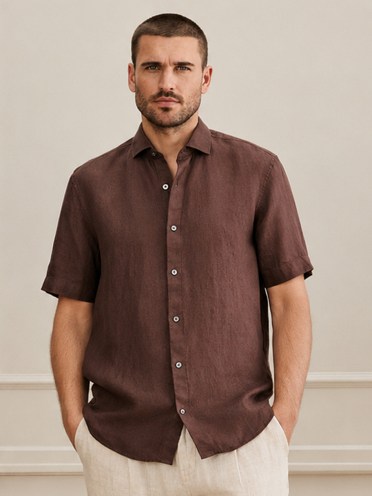 Brown Short Sleeve Linen Shirt